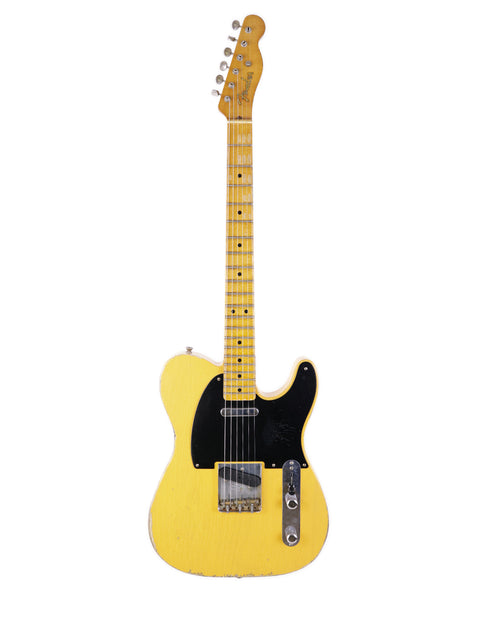  Vibrant yellow Fender Nocaster guitar with a classic black pickguard, showcasing masterful craftsmanship from 2019.