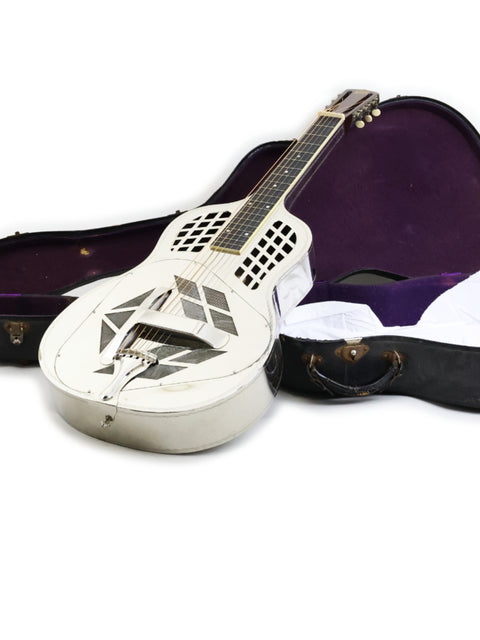 Vintage 1932 National Tricone Style 1.5 Squareneck guitar in white, placed on a vibrant purple case.
