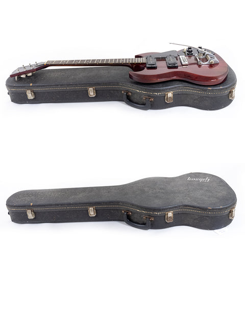 Vintage 1972 Gibson SG Pro guitars in a case, elegantly presented on a white background.