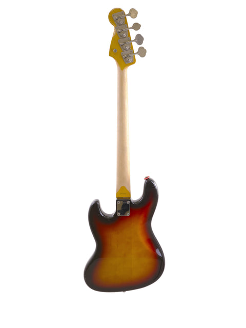 Vintage 1986/87 Fender Jazz Bass guitar featuring a striking yellow body and sleek black neck, highlighting its classic appeal.