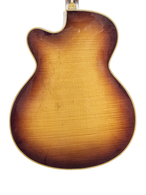  Vintage Hofner 455 Archtop guitar back featuring a rich sunburst finish, made in Germany during the 1950s.