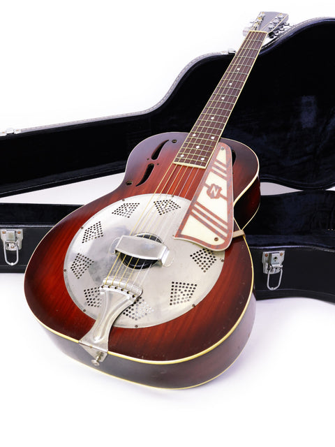 Vintage National Trojan Resonator guitar (1937) in a case, presented on a white background.