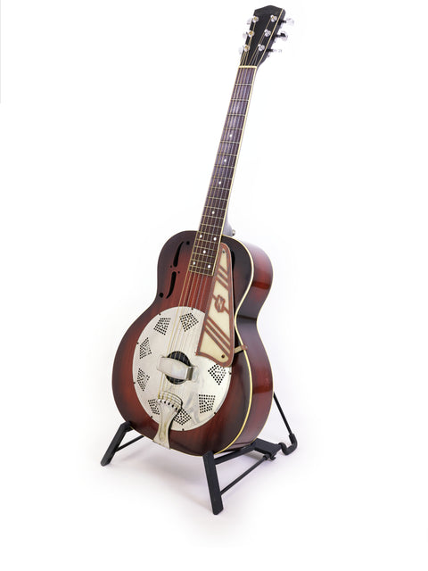 Vintage National Trojan Resonator guitar from 1937 resting on a stand, highlighted by a stark white background.