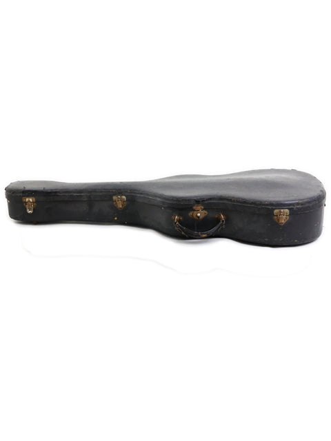 Vintage black guitar case against a white backdrop, showcasing the 1932 National Tricone Style 1.5 Squareneck.