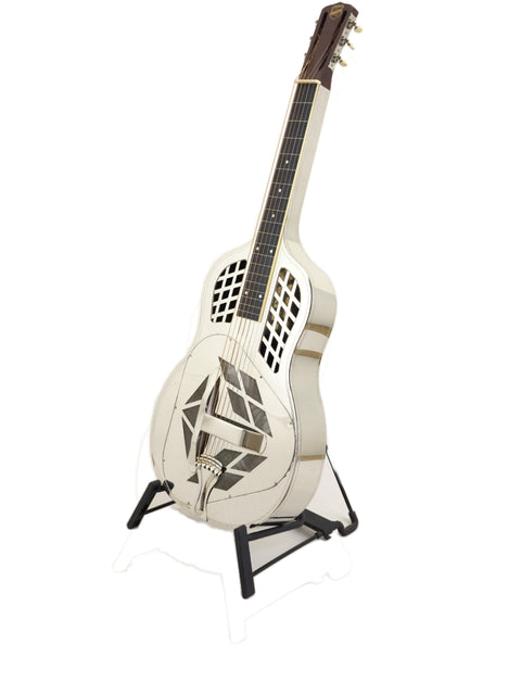 White National Tricone Style 1.5 Squareneck guitar from 1932, featuring an eye-catching black and white design.