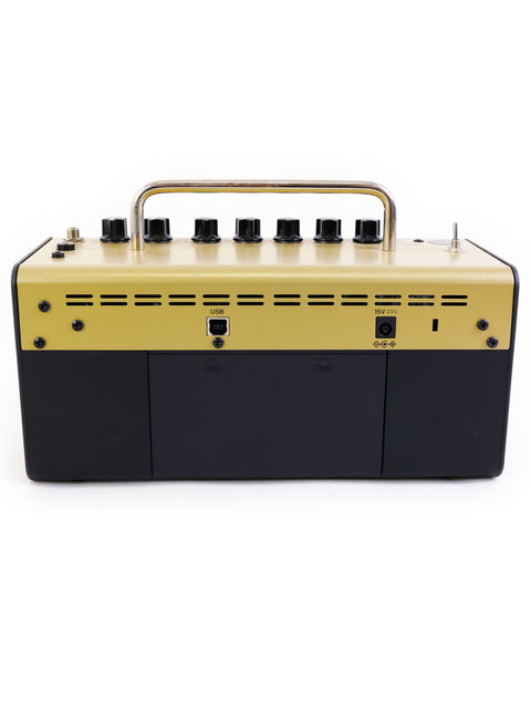 Yamaha THR5 Acoustic Amplifier in yellow and black, featuring four knobs, designed in Japan, 2020.