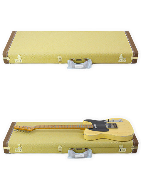 Yellow guitar case featuring a wooden handle, designed for the Fender Master Built Carlos Lopez 70th Anniversary Broadcaster.
