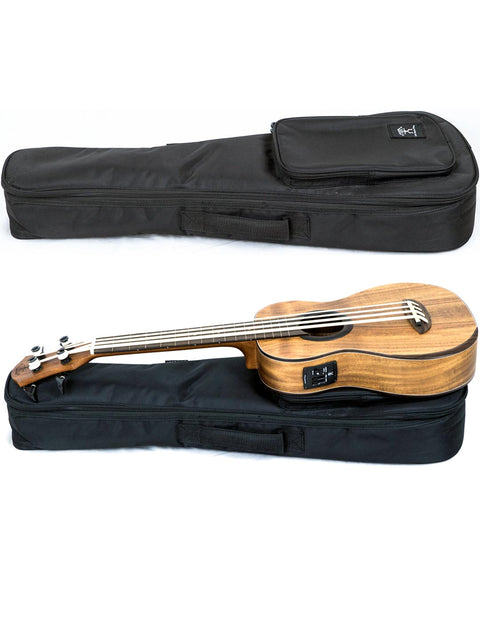 aNueNue Im Bass Koa Bass Ukulele placed in a padded gig bag, perfect for safe storage and travel.